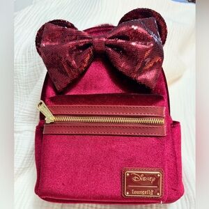 Disney Loungefly Minnie Mouse Velvet Sequin Bow Mini Backpack Burgundy Red NWT